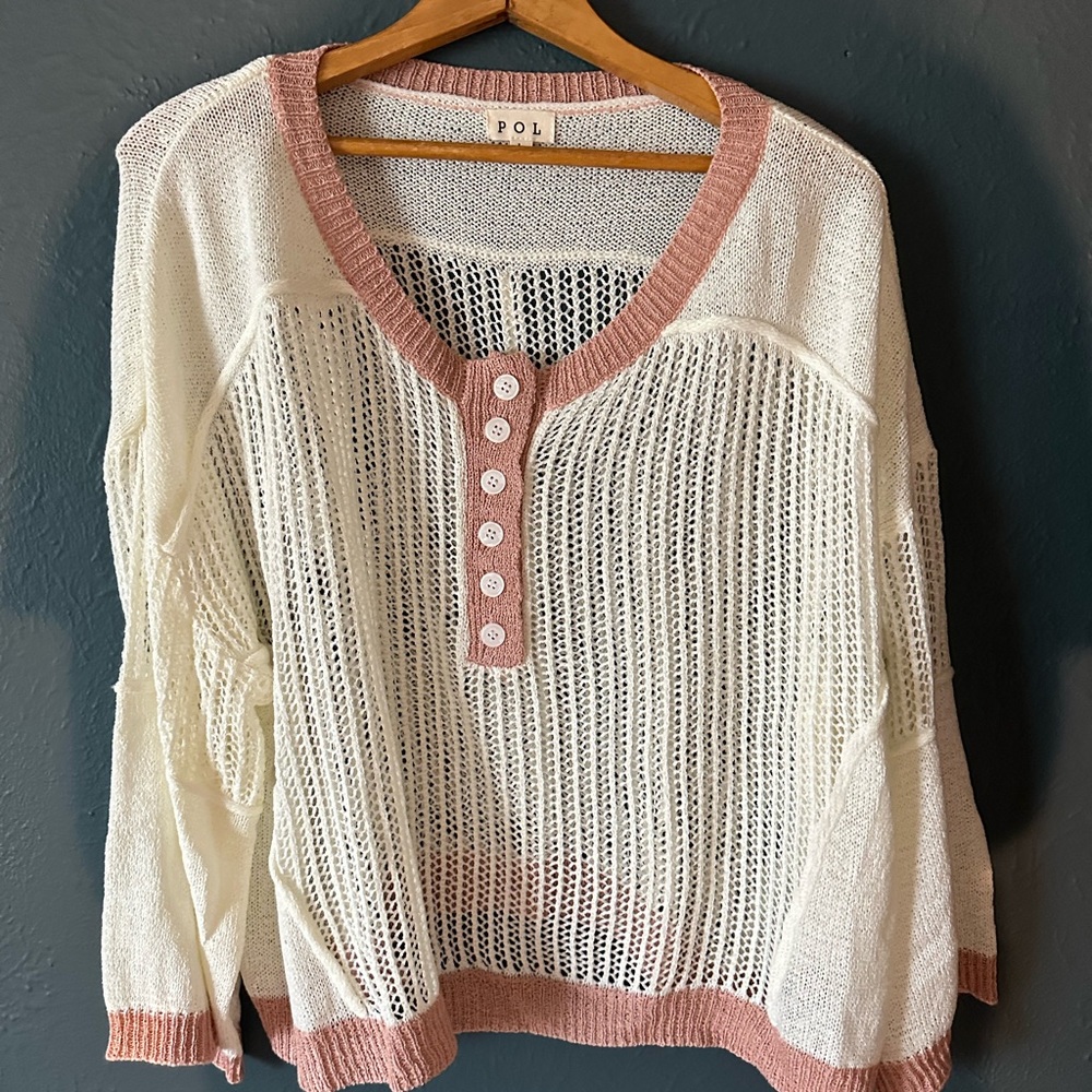 POL Pink and Cream Crew Neck Sweater with Textured Knit